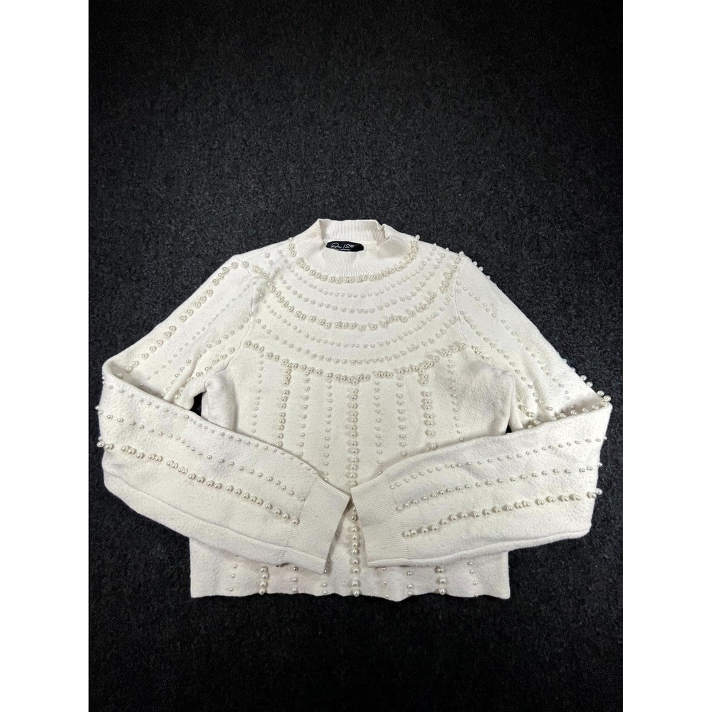 On 12th Sweater Womens Large Beige Knitted Pearl Embellished Mock Neck Pullover